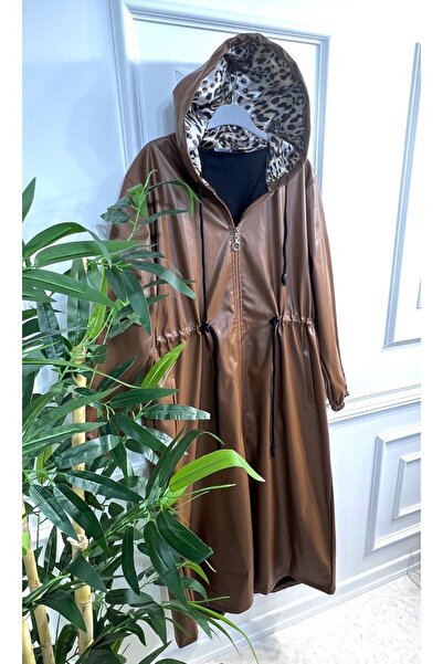 Aşkı Endam Large Size Lema Waist Gathered Hooded Full Length Leather Trench - Tan