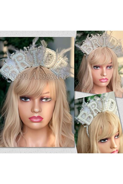 QUEEN AKSESUAR Design luxury big pearl crystal stone embroidered feathered bride written bridal crown high queen crown white
