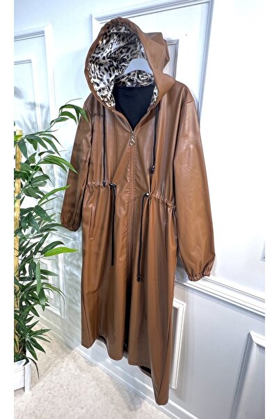 Aşkı Endam Large Size Lema Waist Gathered Hooded Full Length Leather Trench - Tan