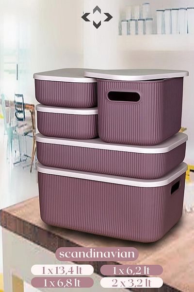LİGROUND Scandinavian 5-Piece Lilac Multi-Purpose Storage Box with Lid - Organizer - Basket - Organizer Set