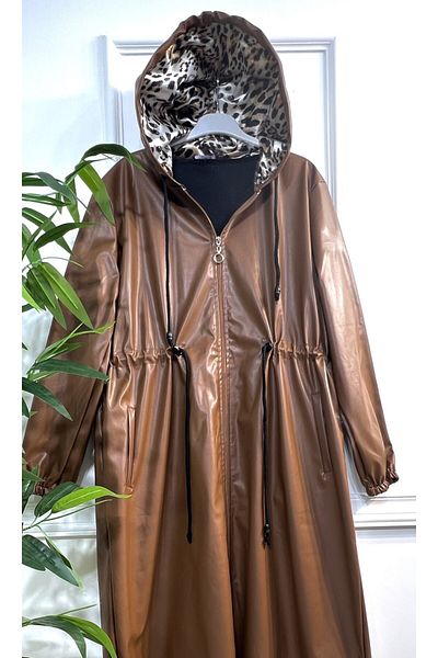 Aşkı Endam Plus Size Lema Waist Gathered Hooded Full Length Δερμάτινο Trench - Μαύρισμα