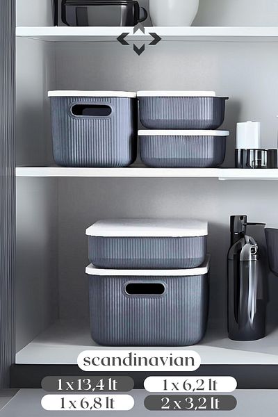 LİGROUND Scandinavian 5-Piece Gray Multi-Purpose Storage Box with Lid - Organizer - Basket - Organizer Set