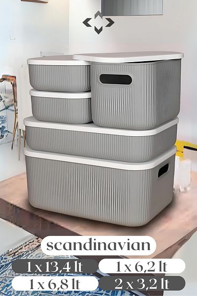 LİGROUND Scandinavian 5-Piece Gray Multi-Purpose Storage Box with Lid - Organizer - Basket - Organizer Set
