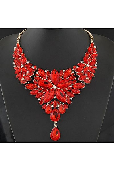impressive Red Crystal Stone Evening Dress Necklace Earring Set (Gold)
