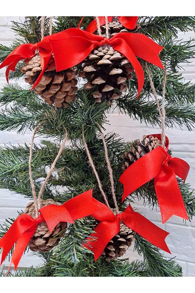 asöy Christmas Pine Tree Ornament Cone 6 Pieces with Red Ribbon Decorated Cone