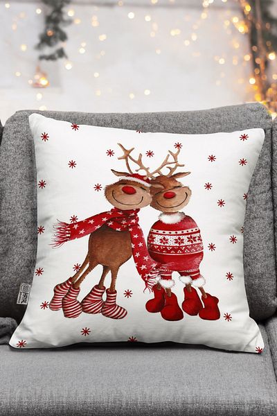 Hayal Dekoratif Christmas Themed Cute Deer Patterned Digital Printed Decorative Ornament 2-Piece Throw Pillow Case