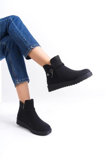 LEVOSHOES 9003KL-KADIN YANDAN FERMUAR DETAYLI İPLİ TOKALI ORTOPEDİK SPOR BOT SİYAH SÜET