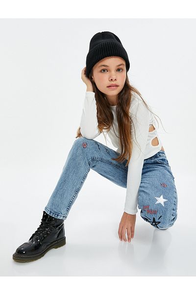 Koton Denim Trousers Relaxed Cut Print Detailed Cotton Adjustable Elastic Waist - Mom Jean