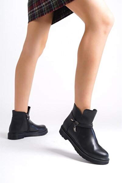 LEVOSHOES 9003KL-KADIN YANDAN FERMUAR DETAYLI İPLİ TOKALI ORTOPEDİK SPOR BOT SİYAH CİLT