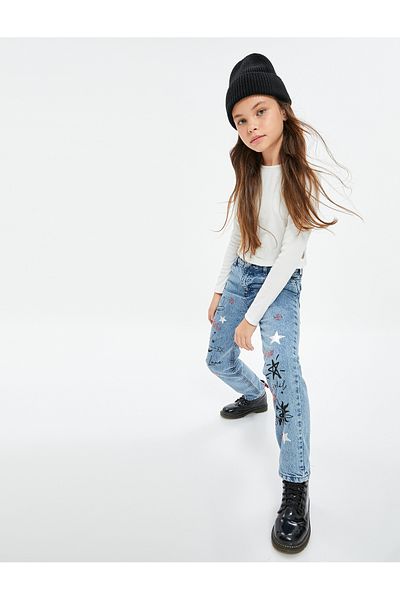 Koton Denim Trousers Relaxed Cut Print Detailed Cotton Adjustable Elastic Waist - Mom Jean