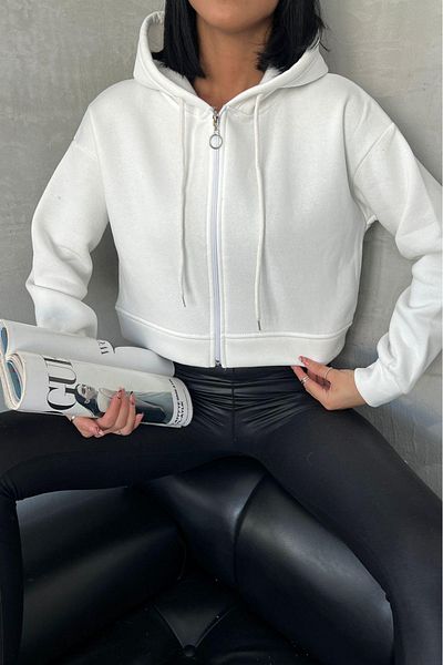 Neşeli Butik women's short sweatshirt with hood GTS025 - Ecru