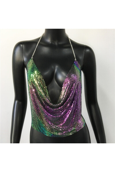 Veille Кришталевий кольоровий камінь, блискучий кроп, блискучий, металевий, відкритий комір, бюстгальтер з відкритою спиною на ланцюжках