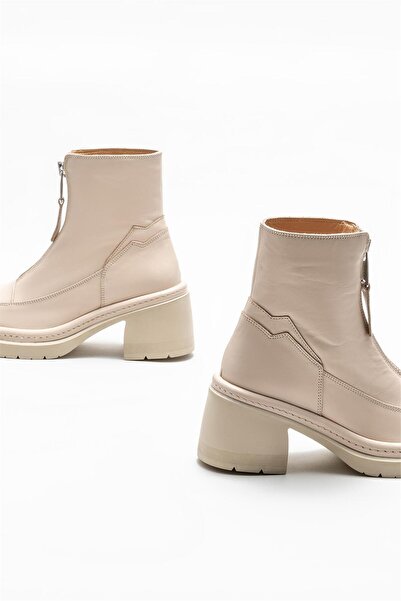 Elle Shoes Ekru Deri Kadın Topuklu Bot
