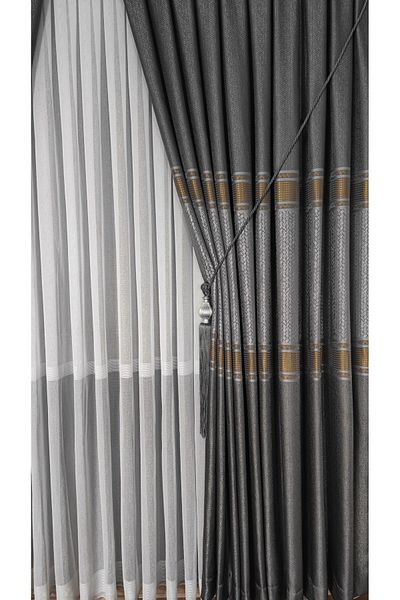 Yuka Panel Background Curtain Smoked Gray Gold Striped Wheat Detailed Single Wing Closely Pleated Jacquard Semi-Glossy