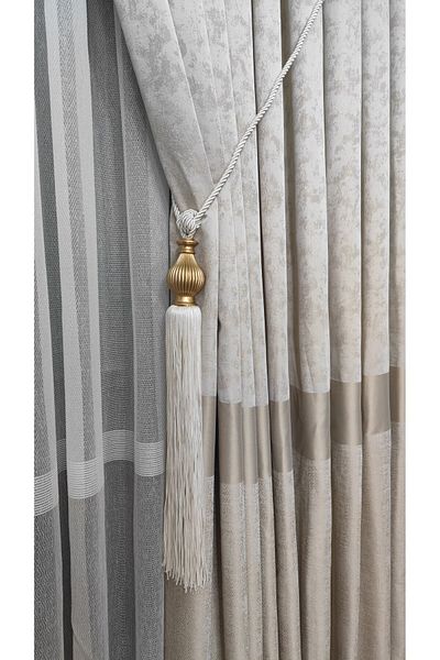 Yuka Panel Background Curtain Cream Beige Gold Stripe Cloud Patterned Single Sash Closely Pleated Jacquard Semi-Glossy