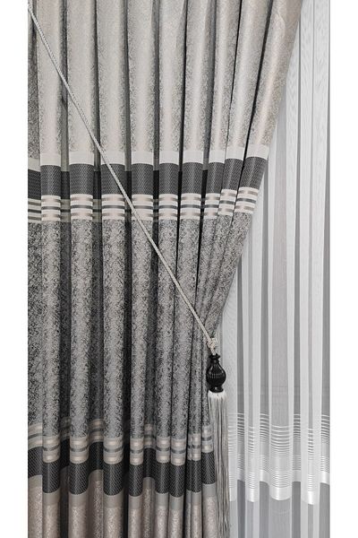 Yuka Panel Background Curtain Gray Anthracite Striped Patterned Single Wing Closely Pleated Jacquard Semi Glossy