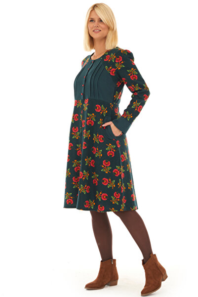 Newbutix Pazen Petrol Çiçekli Sonbahar ve Kışlık Elbise