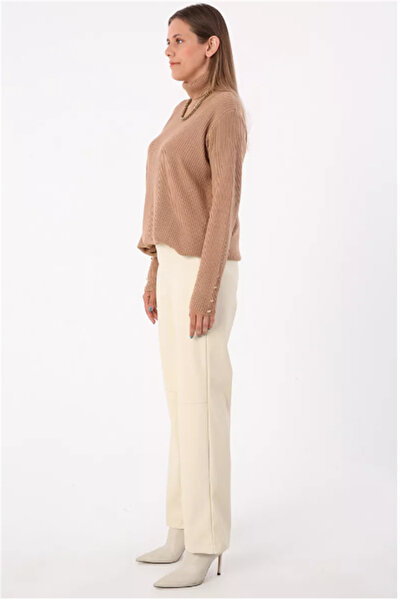 SYG Stitching Detailed Leather Trousers 77066 Ecru