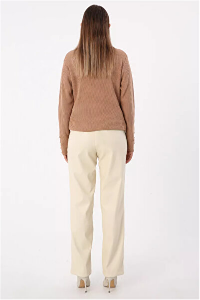 SYG Stitching Detailed Leather Trousers 77066 Ecru