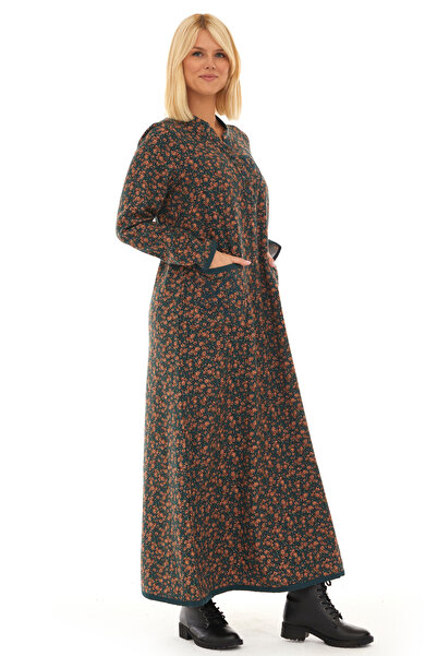 Newbutix Pazen Petrol Yıldız Nakışlı Uzun Sonbahar ve Kışlık Elbise