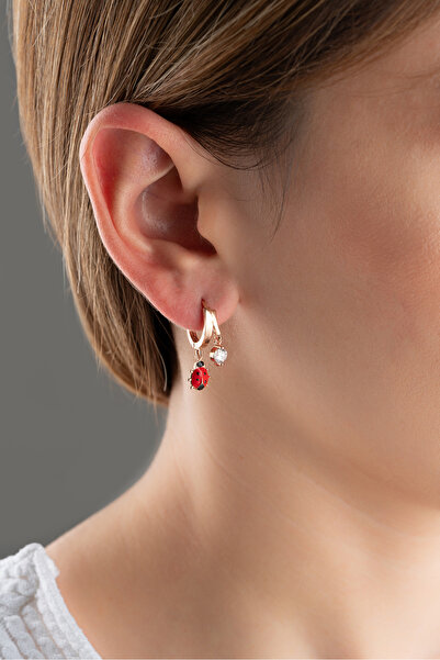 Silvano Jewelry 925 Ayar Gümüş Çift Uğur Böcekli Taşlı Küpe