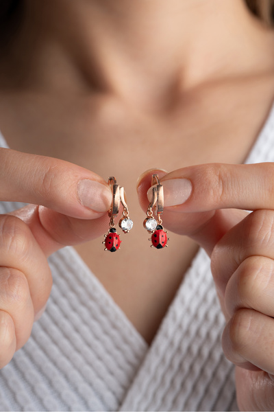 Silvano Jewelry 925 Ayar Gümüş Çift Uğur Böcekli Taşlı Küpe