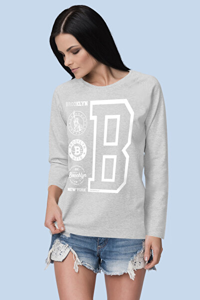 ROCKANDROLL Brooklyn Logo Bisiklet Yaka Uzun Kollu Gri Kadın Penye T-shirt