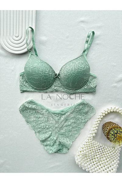La Noche Lingerie Women's Green Lace Underwire Supported Push Up Bra Panties Set