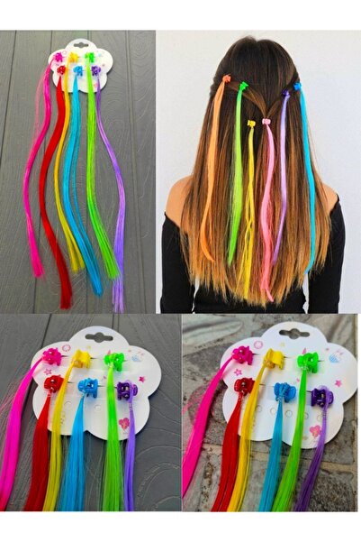 naque 6 Lı Mandal Tokalı Rainbow Renkli Saç Tüyü Takma Postiş Saç Mandal
