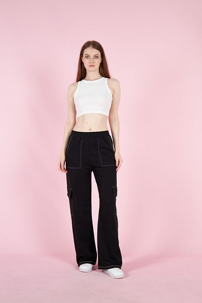 PONÇİK Women's Cargo Pocket Two Thread Elastic Waist Wide Leg Trousers Seasonal 22589 Black