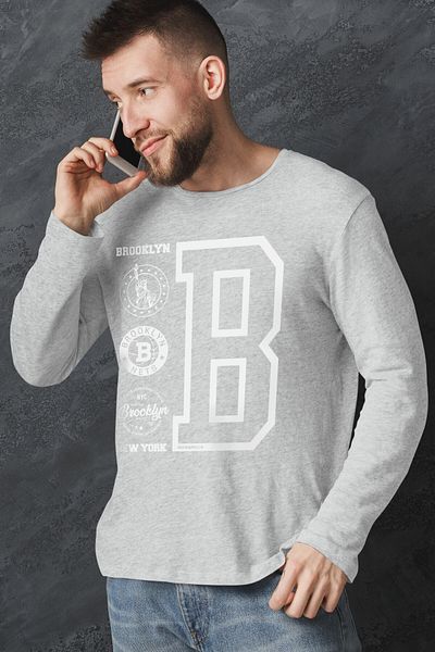 ROCKANDROLL Tricou pentru bărbați gri din bumbac pieptănat cu mânecă lungă cu logo Brooklyn
