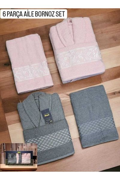 Bayev Grande Familie 6 Piece Family Bathrobe Set Grey Pink