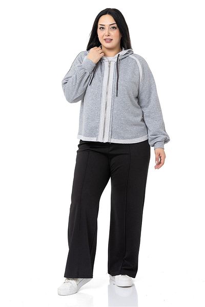 DISENTIS MODEST Plus Size Hooded Zippered Three Thread Gray Melange Sweatshirt