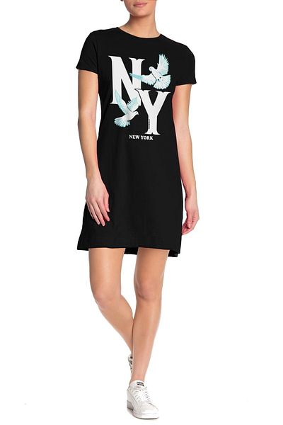 ROCKANDROLL Ny Pigeons Black Short Sleeve Combed Cotton Women's T-shirt Dress