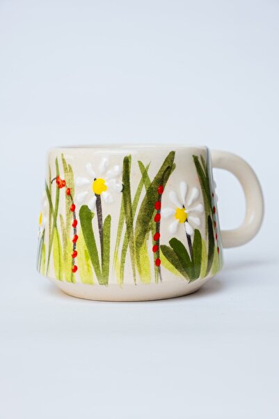 touchmughm Handmade Ceramic Coffee Cup, Ceramic Double Mug, Tumbler, White Flower Design Coffee Cup