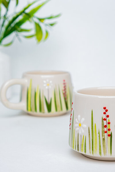 touchmughm Handmade Ceramic Coffee Cup, Ceramic Double Mug, Tumbler, White Flower Design Coffee Cup