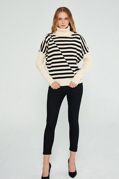 JOVENMADRE Degaje Collar Striped Regular Fit Ecru Women's Knitwear Sweater