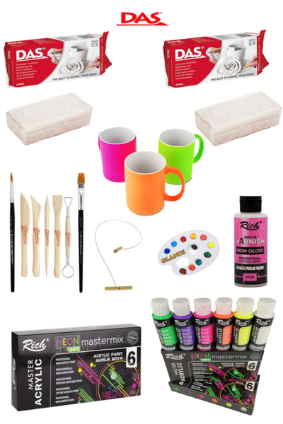 GLANCE Das Beyaz Seramik Kili 2x500gr Rich Mastermix Akrilik Boya 60cc 6lı Se...