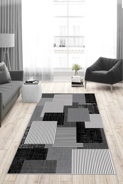 Qatalina Geometrik Desenli Dijital Baskı Yıkanabilir Kaymaz Taban Ince Salon ...