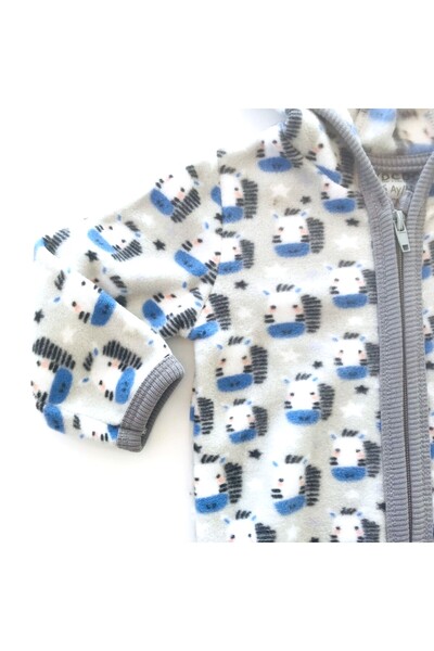 Aydodo Teddy Bear Patterned Zippered Hooded Fleece Cardigan