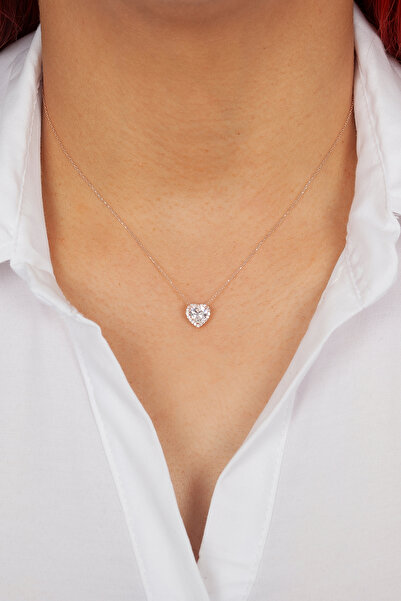 klas gümüş 925 AYAR GÜMÜŞ ROSE BEYAZ TAŞLI KALP KOLYE