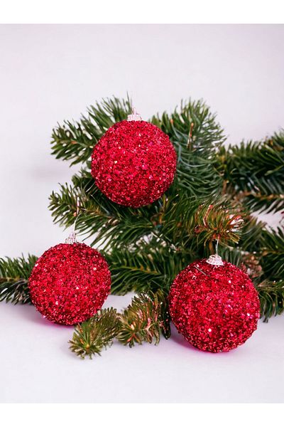 Happyland Christmas Pine Tree Ornament Luxury 3 Pieces Sequined Glitter Red Color Large Size Christmas Ball