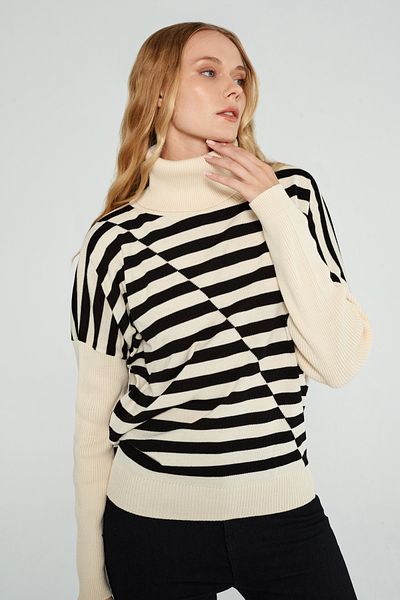 JOVENMADRE Degaje Collar Striped Regular Fit Ecru Women's Knitwear Sweater