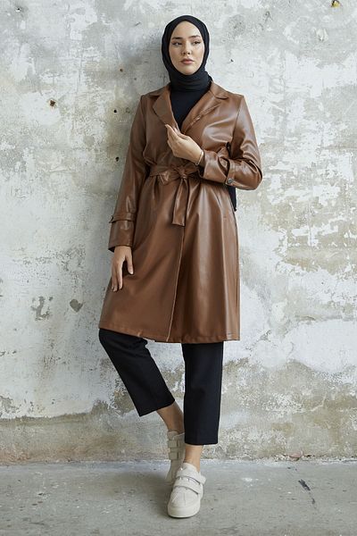 InStyle Darina Belted Leather Trench - Tan