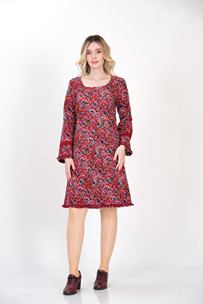 İna Divitin Pazen'den Çiçekli Etek Ve Kol Ucu Ponpon Aksesuarlı Bordo Kışlık Elbise