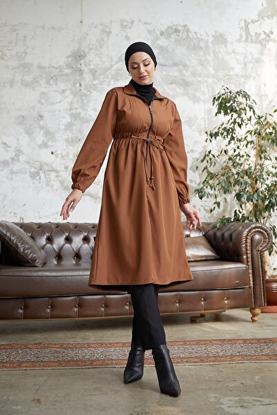 Esre Store Bel Büzgülü Tesettür Trençkot Taba