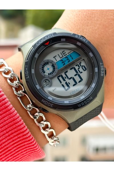 Cockpit Brand, Suitable for Marine Use, Illuminated, with Stopwatch, Black Green Digital Women's Wristwatch + Bracelet