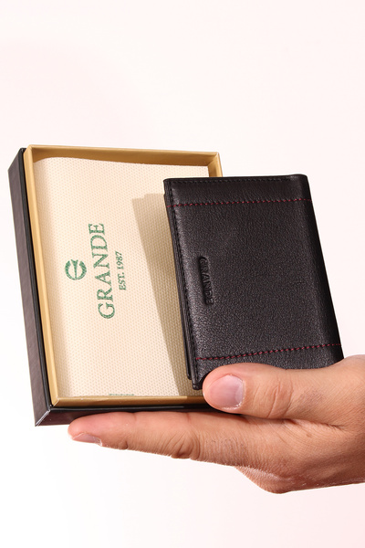 Grande 715 Γνήσιο Δέρμα Πορτοφόλι Θήκη καρτών ΜΑΥΡΟ