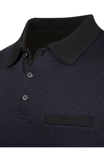 Çizgi Triko Чоловічий чорний трикотажний светр з поло-коміром, візерунком на рукавах і талії, еластичною стрічкою, класичний крій