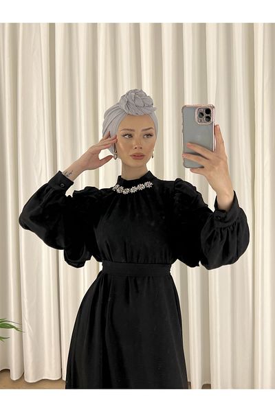 Esre Store Black Hijab Dress - Stone Detailed